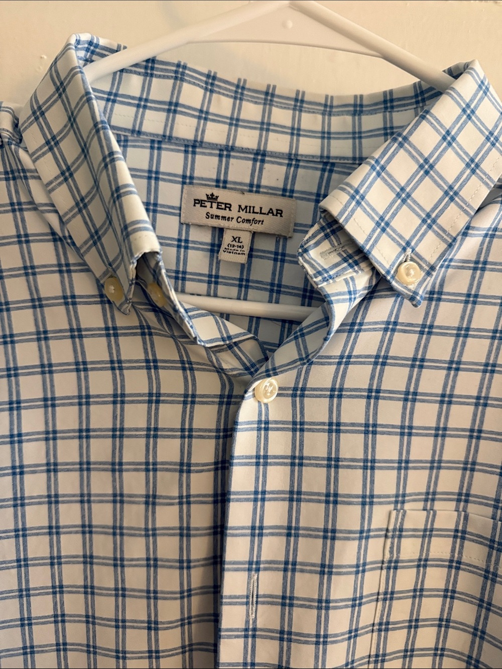 Peter Millar White and Blue Plaid Button-Down Shirt